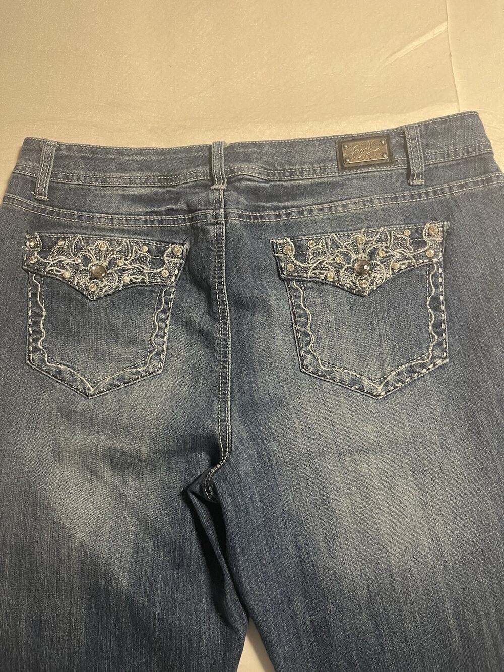 Earl Jeans Women’s Size 16 Slim Bootcut Embellished Rhinestone Flap Pocket Blue